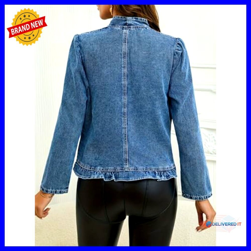 Cropped Denim Jacket with Ruffled Edge, Open Front, Long Sleeve - Picture 4 of 5